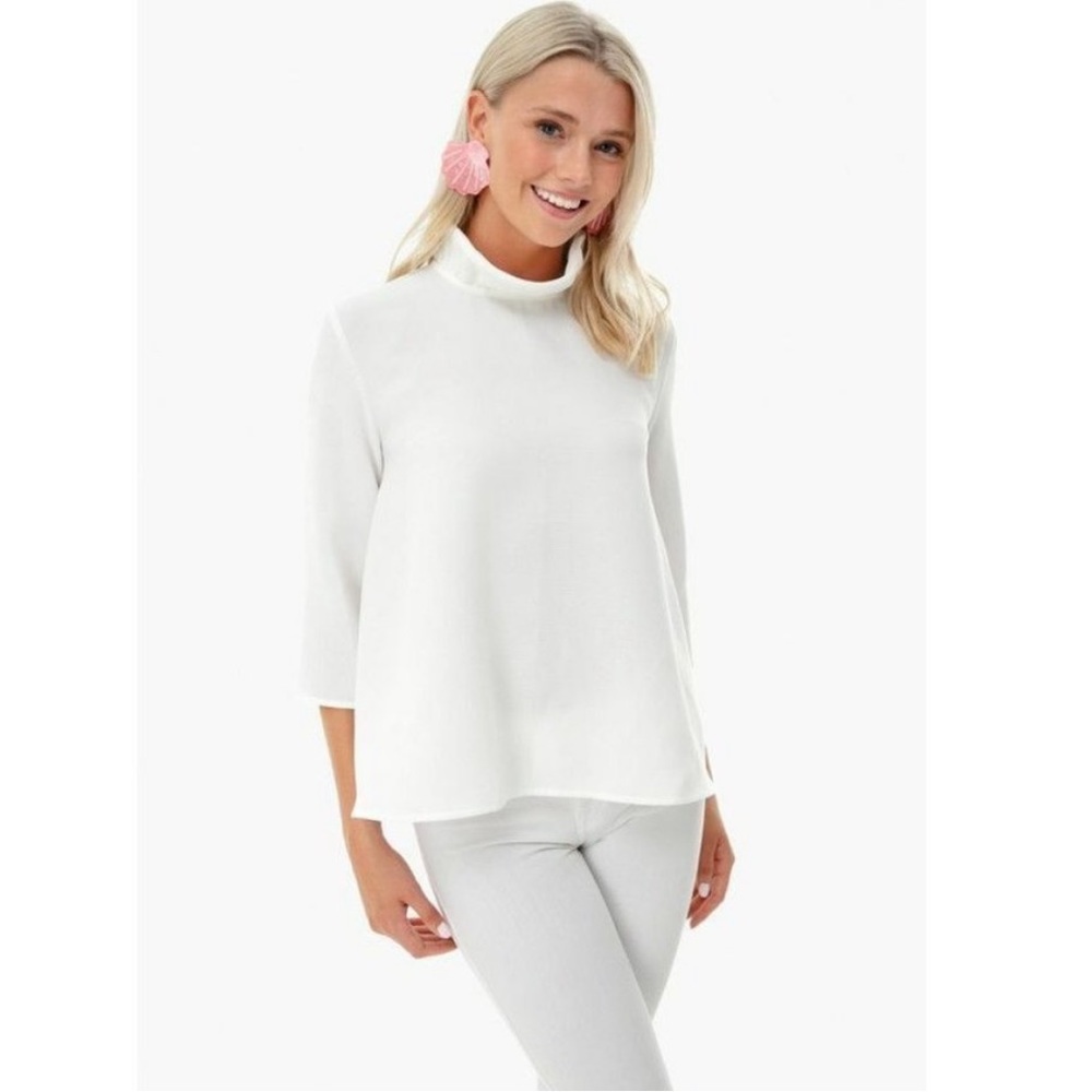 Pomander Place Tuckernuck White Faye Blouse 3/4 Sleeve Top Ruffle Collar Size XS